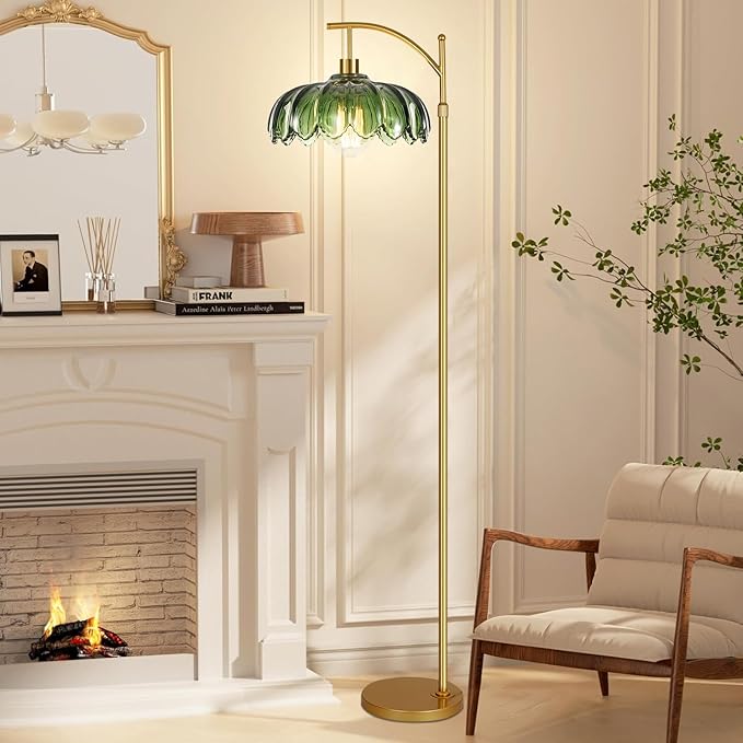 Gold Floor Lamps for Living Room Glass Vintage Floor Lamp with Remote Control,Dimmable Mid Century Modern Standing Lamp with 3 Color Temperature Tall Flower Lamp Brass Floor lamp for Bedroom Corner
