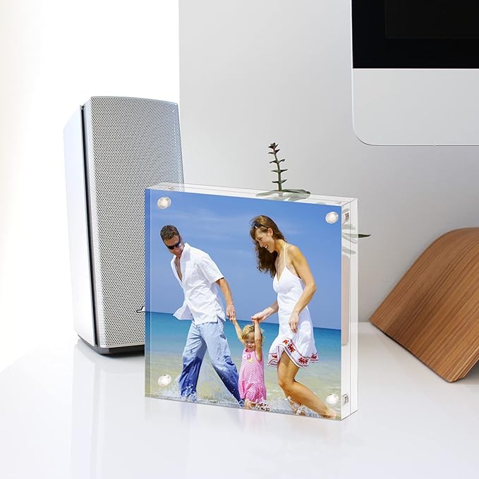 AMEITECH 4x4 Acrylic Picture Frame, Clear Double Sided Block Acrylic Photo Frames, Desktop Frameless Magnetic Photo Frames - 5 Pack