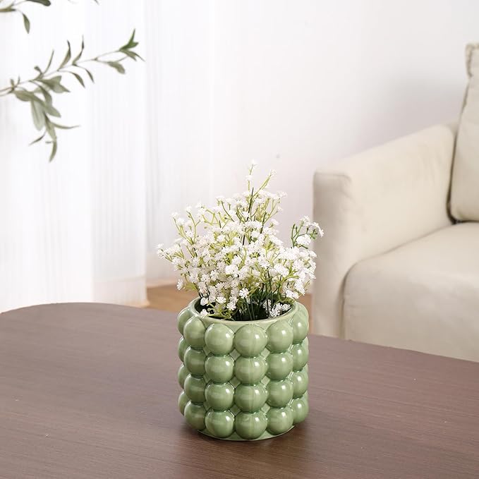 Bubble Vase, Small Vase, Green Ceramic Vase, Short Vase, Ceramic Flower Vase, Unique Vase Home Decor, Decorative Vase for Flowers, Living Room, Bedroom, Office, Shelf, Coffee Table, 5 Inches