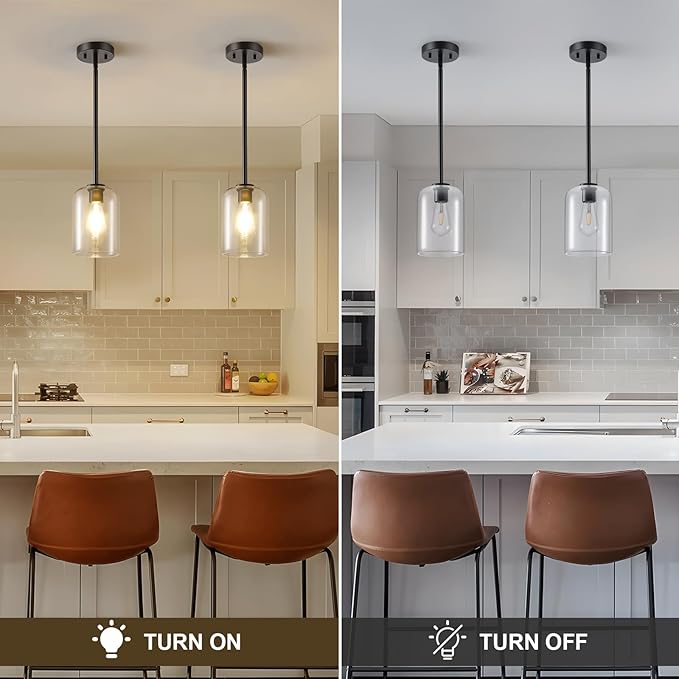 Black Pendant Light Fixtures, 6 Inch Clear Glass Shade Modern Farmhouse Pendant Lights Kitchen Island, Industrial Hanging Light Fixture Adjustable Stem Rod for Over Sink