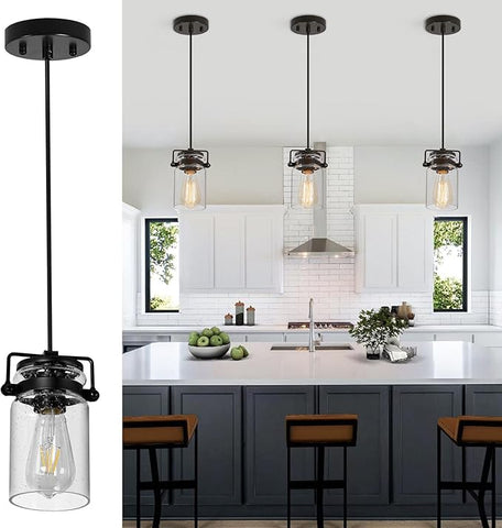 Pendant Lighting for Kitchen Island, Modern Glass Pendant Light Linear Chandelier for Dining Room, 1 Light Industrial Hanging Light Fixture Adjustable Cord Farmhouse Ceiling Light Black Finish