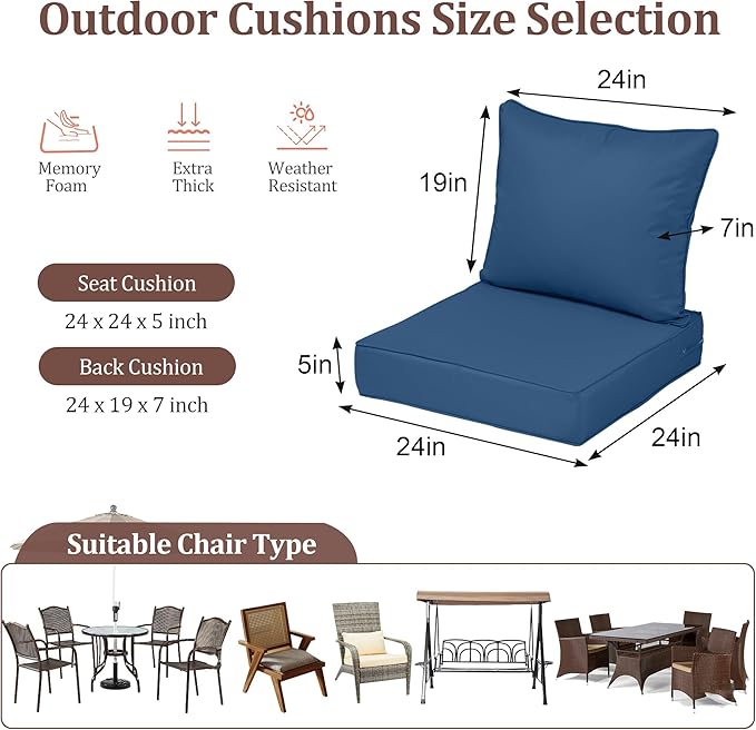 Waterproof Outdoor Chair Cushion Set of 4, 24x24x5 IN Deep Seat Patio Cushions with Fade Resistant Removable Cover,Outdoor Cushions for Patio Furniture with Ties&Handle for Chair Sofa Couch,Dark Blue