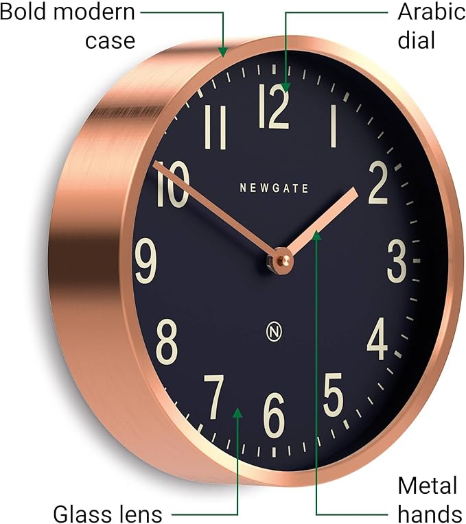 NEWGATE® Master Edwards Wall Clock | Mid Century Style Clock | 12 inch | Deep Metal case with Copper/Rose Gold Finish | Modern Retro Design for Kitchen, Living Room or Office