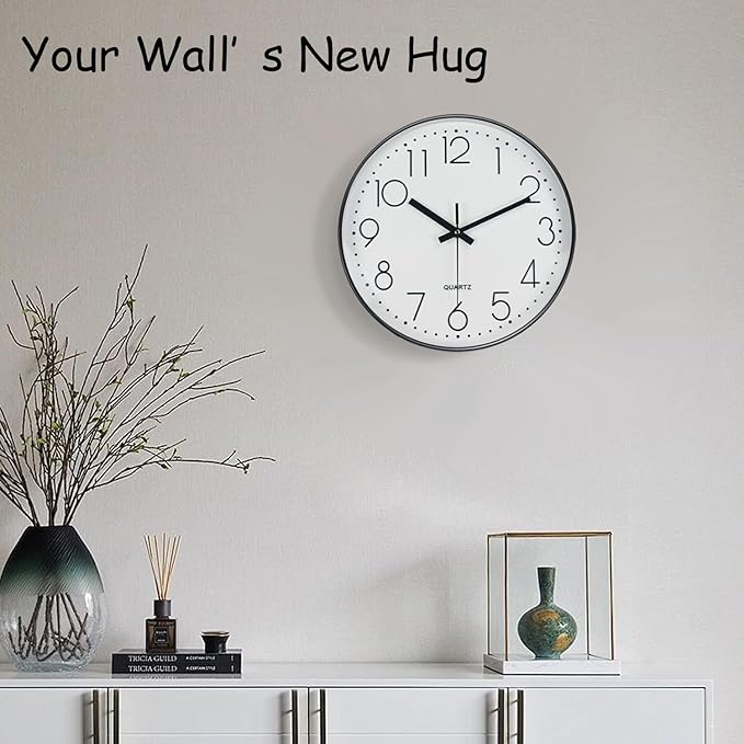 Modern Silent Wall Clock - 12 Inch Wall Clocks Battery Operated Large Number, Non-Ticking Analog Clock with Tempered Glass Quartz Clocks for Living Room Bedroom Office Kitchen, White Black