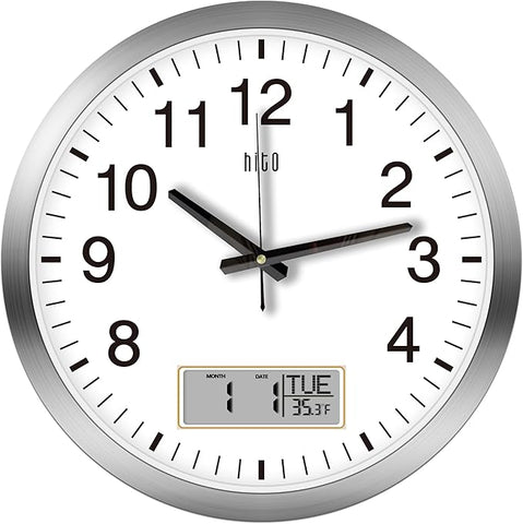 HITO 16 Inch Silent Wall Clock Battery Operated with Temperature and Date, Large Wall Clock for Living Room Decor, Office, Classroom, Bedroom