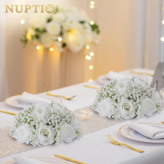 NUPTIO Baby Breath Flower Balls: 2 Pcs 8.6 inch Diameter White Artificial Rose Fake Arrangement Bouquet Wedding Centerpieces Event Party Tables Decorations