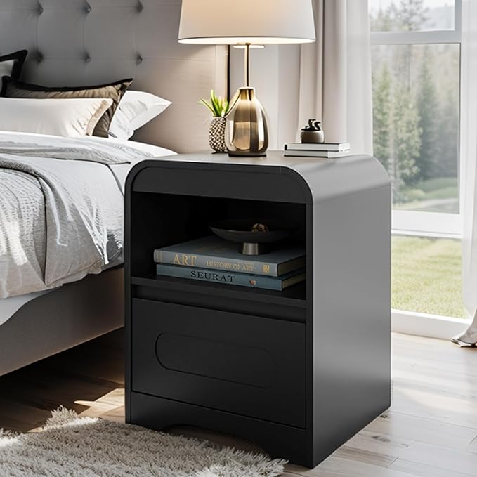 Night Stand Nightstand with Drawer Storage Curved Bed Side Table End Table Large Modern Wide Bedside Stand Tall Night Stands for Bedroom Living Room Sofa Couch Home Office, Black