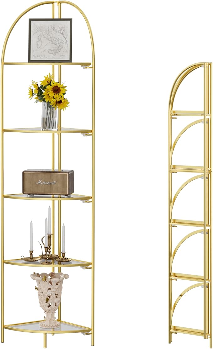 Crofy Foldable 5 Tier Corner Shelf, Metal Corner Plant Stand with Gold Frame and Transparent Shelves, Corner Display Rack Multipurpose Shelving Unit for Living Room, Bedroom, Bathroom