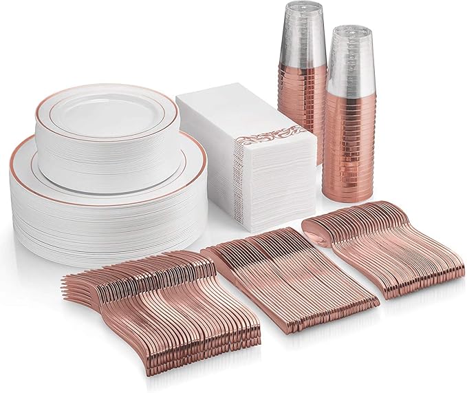 Supernal 400pcs Rose Gold Dinnerware,Rose Gold Plastic Plates,Wedding Decoration,Heavy Duty Disaposable Silverware, Disaposable Rim Cups, Easter Paper Napkins,Suit for Wedding, Birthday,Party