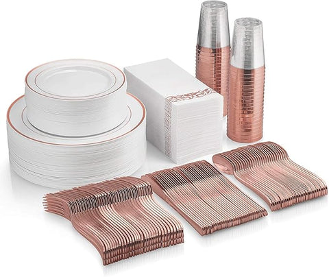 Supernal 400pcs Rose Gold Dinnerware,Rose Gold Plastic Plates,Wedding Decoration,Heavy Duty Disaposable Silverware, Disaposable Rim Cups, Easter Paper Napkins,Suit for Wedding, Birthday,Party