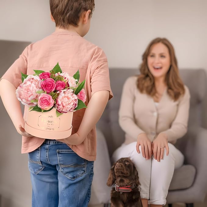 Hollyone Pink Peonies Roses Artificial Flowers in Vase Round Gift Boxes with Fake Flowers Arrangements Faux Flowers Floral in Box Vase for Her Mothers' Day Valentine's Day Christmas Birthday Gift