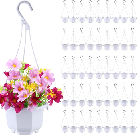 Roshtia 50 Pcs Plastic Hanging Plant Pots with Hooks Flower Pots Baskets Outdoor Hanging Nursery Planter Holder for Home Garden Balcony Porch(Gray White,3.7 inch)