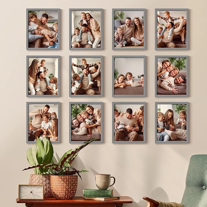Renditions Gallery Set of 12, 11X14 Custom Photo Prints with Real Wood Picture Frames. Create Personalized Photos with Peel & Stick Photo Frames. Gray Frame