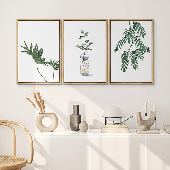 SIGNWIN Framed Wall Art Print Set Trio of Jungle Palms & Snake Succulents Floral Plants Photography Modern Art Minimalist Black and White for Living Room, Bedroom, Office - 24"x36"x3 Natural