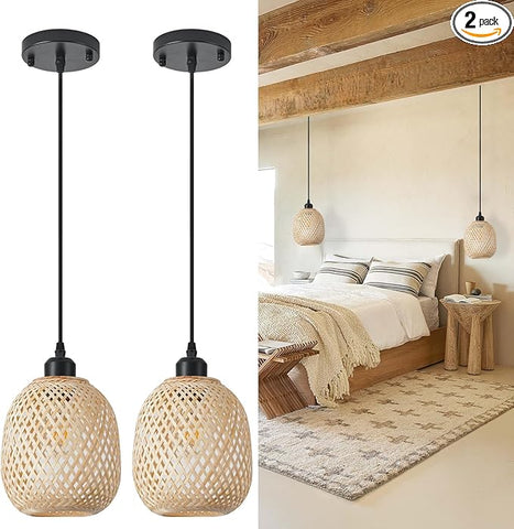 TERLEENART Hanging Light Fixture Set of 2, Mid Century Bohemian Rattan Bamboo Pendant Lighting,Torus Basket Woven Ceiling Chandelier for Kitchen Island Dinning Room Living Room Bedroom Nightstand