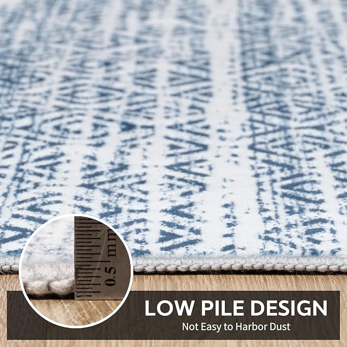 10x14 Area Rugs for Living Room Machine Washable Rug Distressed Indoor Carpet Neutral Moroccan Boho Rug Ultra Soft Area Rug for Bedroom Dining Room Playroom Office, Blue