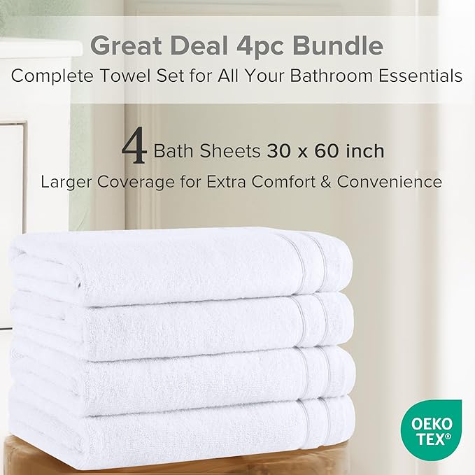 Comfort Spaces Extra Large Bath Towel Set of 4 Piece 30x60 Bath Sheet Set Shower Towel Beach Towel 100% Cotton Bathroom White Towel Set Quick Dry Oversized Highly Absorbent Soft 400GSM Dual Layer