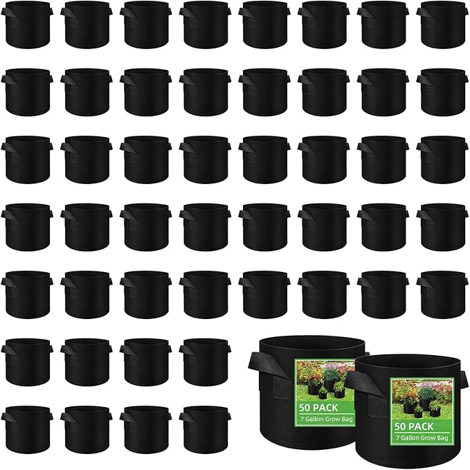 50 Pack 7 Gallon Plant Grow Bags, Breathable Felt Non-Woven Aeration Fabric Plant Grow Pots, Garden Planting Containers for Nursery Vegetable Flower Grow Bags with Handles (13.8x11.8inch)