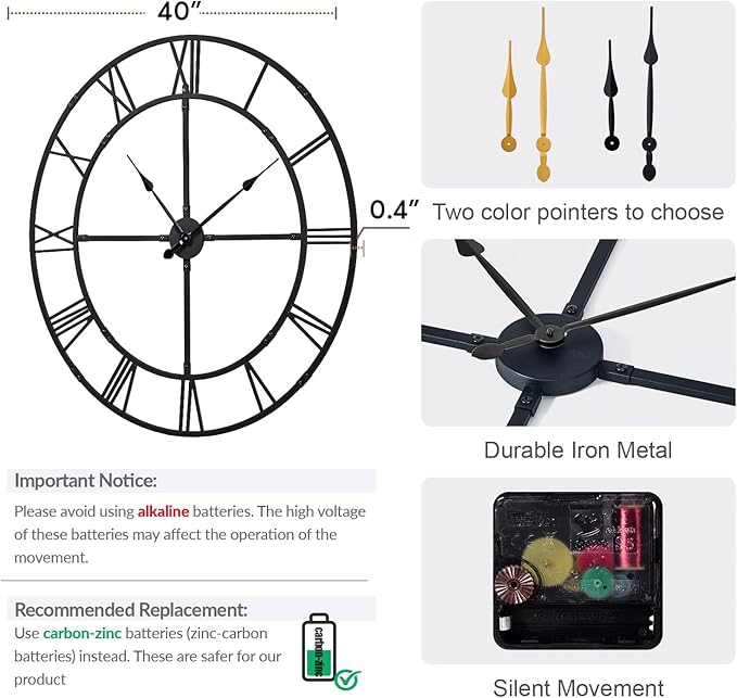 Large Wall Clock for Living Room Decor – 40 Inch Silent Non-Ticking Modern Farmhouse Wall Clock, Oversized Decorative Metal Roman Numeral Clock, Black