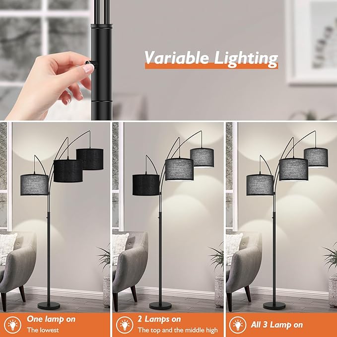 3 Lights Arc Floor Lamps for Living Room, Black Modern Tall Standing Lamp Hanging Over The Couch with Shades & Heavy Base,Mid Century Tree Floor Lamp for Bedroom Office