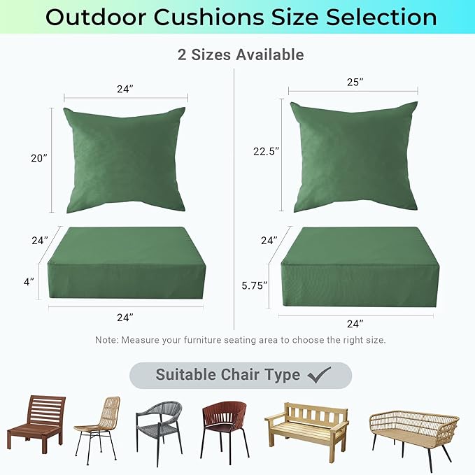Outdoor Cushions for Patio Furniture,Outdoor Seat Cushion Set 24 x 24 x 5.75 Inch,Waterproof & Fade Resistant Outdoor Chair Cushions,Deep Patio Chair Cushion with Removable Cover,Forest Green