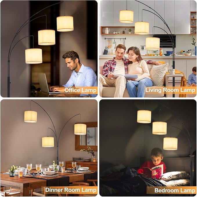 DLLT Modern Floor Lamp for Room: 3-Light Black Tree Dimmable Floor Lamps with Beige Shades for Living Room - Arc Standing Lamp for Bedroom - Tall Floor Lamp for Office Corner 3 LED Bulbs Included