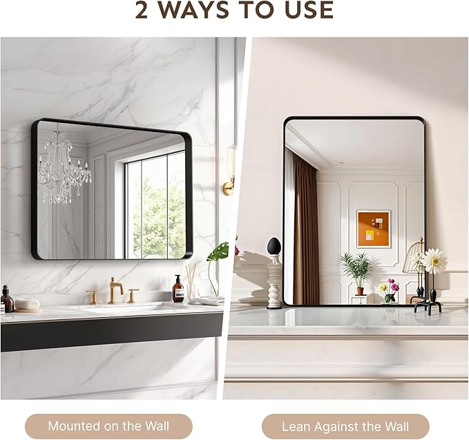 32x24 Bathroom Vanity Mirror for Wall, Aluminum Framed, Farmhouse Rectangle, Anti-Rust, HD Reflection Anti-Desilvering, Distortion Free, Tempered and Shatter-Proof Wall Mounted Mirror, Black