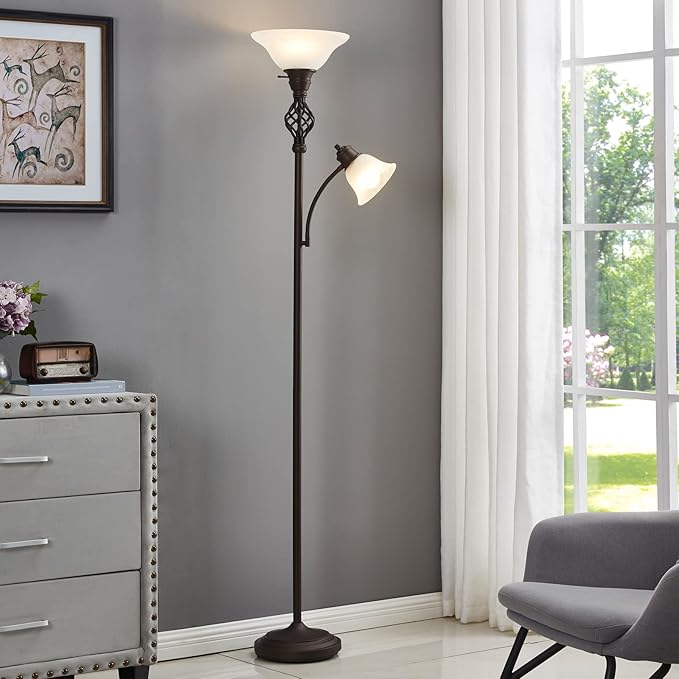 Torchiere Floor Lamp for Living Room, LED Standing Reading Light for Bedroom with Glass Shade for Living Room Corner Bedroom Home Office,Bulbs Included (Red Brown,Glass 2 Head)