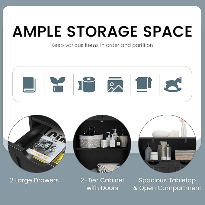 COSTWAY Bathroom Storage Cabinet, Freestanding Storage Organizer with 2 Drawers & Adjustable Shelf, Wooden Floor Cabinet for Living Room, Bedroom, Kitchen, Entryway (Black)