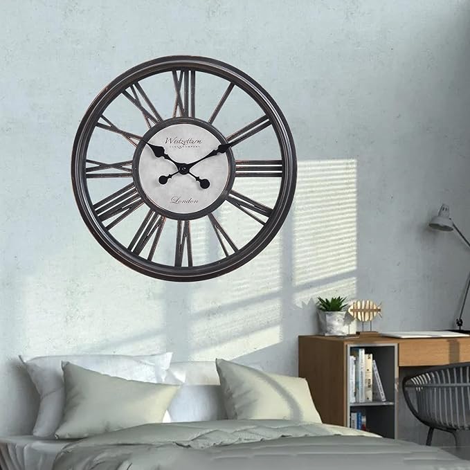 18 Inch Retro Black Wall Clock, Silent Non-Ticking Battery Operated Round Vintage Clock with Roman Numerals,Decorative Living Room, Kitchen, Bedroom Decor