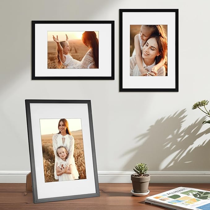 Giftgarden A4 Picture Frame Set of 4, Matted to 6x8 Picture with Mat, 8.3x11.7 Inch Photo Frames for Wall or Tabletop Display, Black