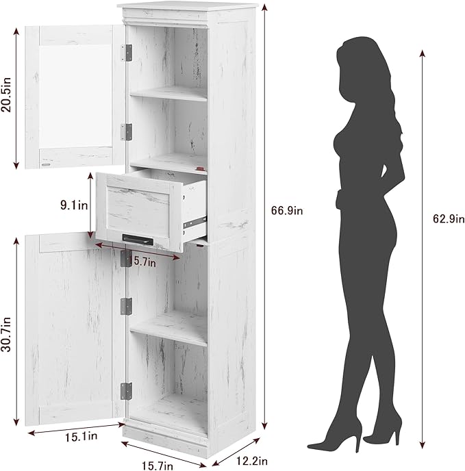 GarveeHome 70" Tall Bathroom Cabinet, Narrow Storage Cabinet with Doors and Adjustable Shelf, Freestanding Linen Slim Cabinet for Laundry Room, Kitchen, Small Space, Antique White