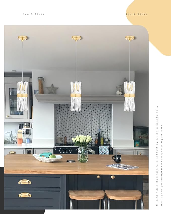 Ken & Ricky Crystal Pendant Lights, Modern Pendant Lights Kitchen Island, Gold Pendant Light for Kitchen Dinning Room Bathroom, Pendant Light with Two Style Options, KR3355-1PK