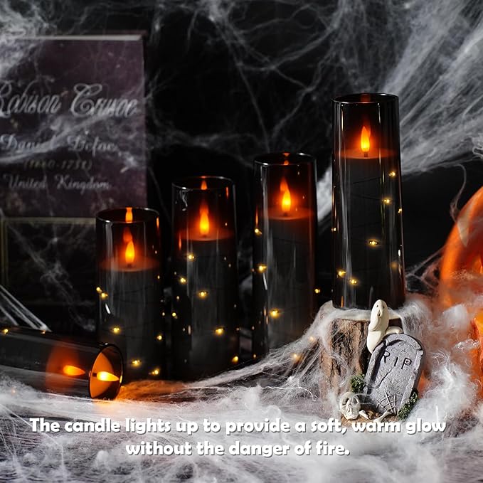 Flameless LED Candles with Timer 5 Pc Flickering Flameless Candles for Romantic Ambiance and Home Decoration Stable Acrylic Shell,with Embedded Star String,Battery Operated Candles（Grey）