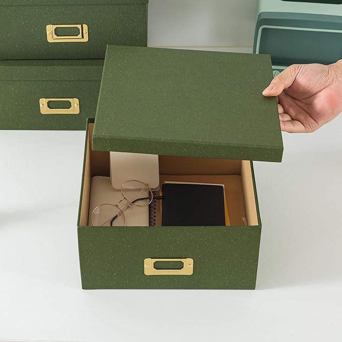Soul & Lane Green Kraft Paper Boxes for Storage - Set of 3 Square Stacking Boxes with Lids and Gold Label Holders, Decorative Photo Storage, Nesting Cardboard Set for Decor and Organizing