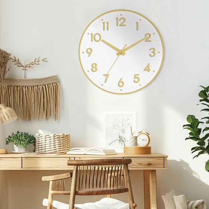 Mosewa Wall Clock 8 Inch, Battery Operated Silent Non-Ticking Modern Analog Clock Decorative for Kitchen, Bedroom, Office, Living Room(White Gold)