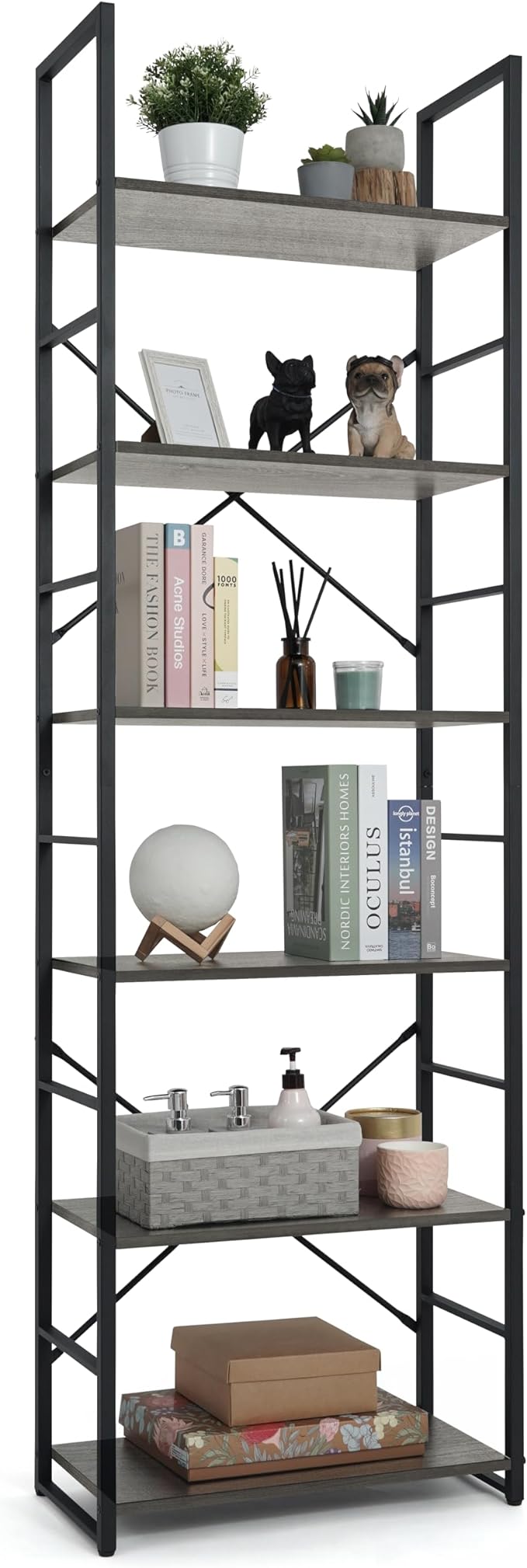 CAPHAUS 6 Tier Bookshelf, 24 Inch Width Free Standing Shelf, Bookcase Shelf Storage Organizer, Industrial Book Shelves for Home Office, Living Room, Kitchen, Dark Grey Vintage Shelves & Metal Frame