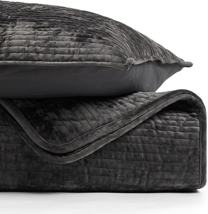EVERGRACE Velvet Quilt Set Queen Size, Luxurious Soft Quilted Bedding Sets, Lightweight Velvet Comforter for All Season, Striped Channel Bedspread Coverlet with 2 Shams, Washed Black