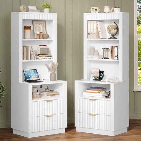 ADORNEVE Tall Fluted Nightstand Set of 2, Side Table with Drawers & Open Shelf, Mid Century Modern Night Stand with Metal Handle, Wooden Bedside End Table for Bedroom,Living Room,White