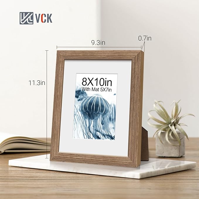 VCK 8x10 Picture Frame 5 Pack - Walnut, High-End Wood Poster Frames with Tempered Glass, Display 5x7 Photo with Mat or 8x10 without Mat, Art Gallery-Quality, Wall Hanging/Tabletop, Walnut