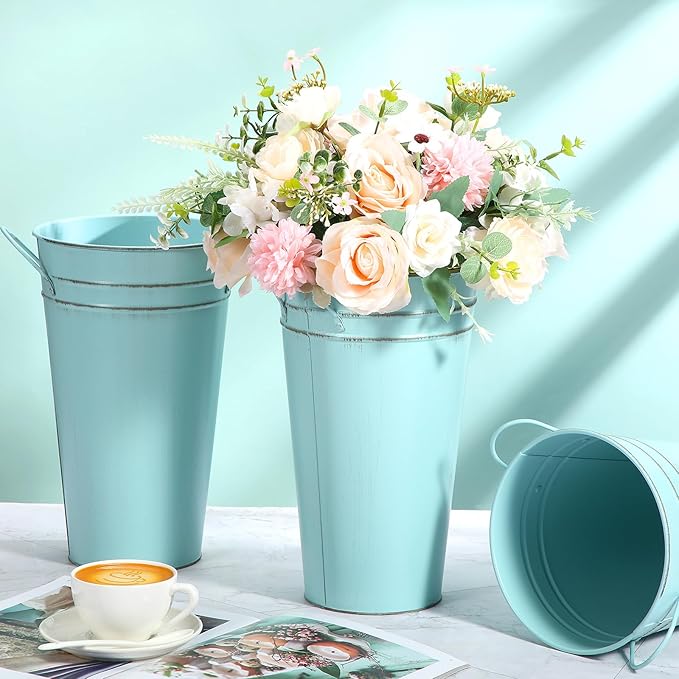 Irenare 12 Inch Vintage Galvanized Flower Bucket Metal Flower Vase Farmhouse French Bucket Planter Metal Floral Container for Party Table Centerpiece Weddings Home(Ice Blue,6 Pcs)