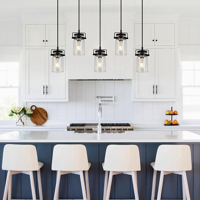 Pendant Lighting for Kitchen Island, Dining Room Light Fixture Black, 5-Light Hanging Linear Chandeliers with Clear Glass Shade Farmhouse Chandeliers for Dining Room(E26 Bulb Base)