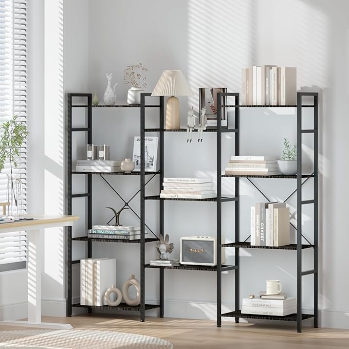 Triple 4 Tier Bookshelf, Tall Book Shelf with 11 Open Display Shelves, Adjustable Industrial Bookcase in Living Room, Bedroom, Wide Metal Bookshelf Book Case for Home & Office, Black
