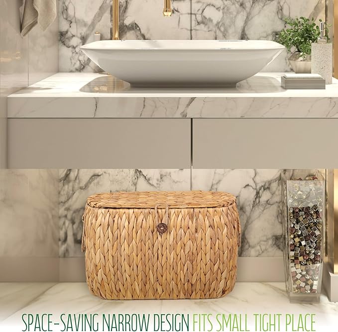 Toilet Paper Storage, Water Hyacinth Baskets with Lid, Toilet Paper Baskets for Storage Holder 6 Rolls, Papers Basket with Built-in Handles for Organizer, Bathroom Accessories Organizer
