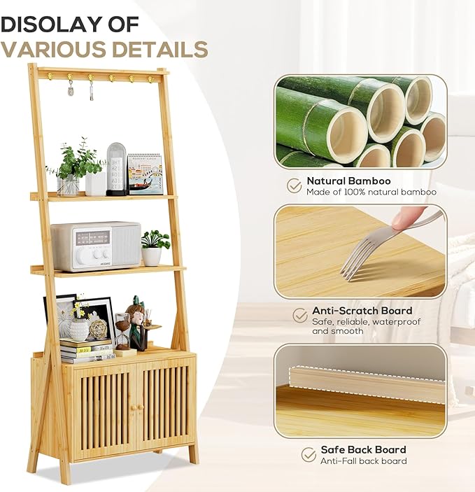 Bookcase with Drawers, 4-Tier Bamboo Bookshelf Ladder Shelf with 6 Hooks, Tall Narrow Book Shelf, 24.8"L x 10.6"W x 59.5"H, Standing Storage Organizer for Living Room, Home Office, Bedroom, Bathroom