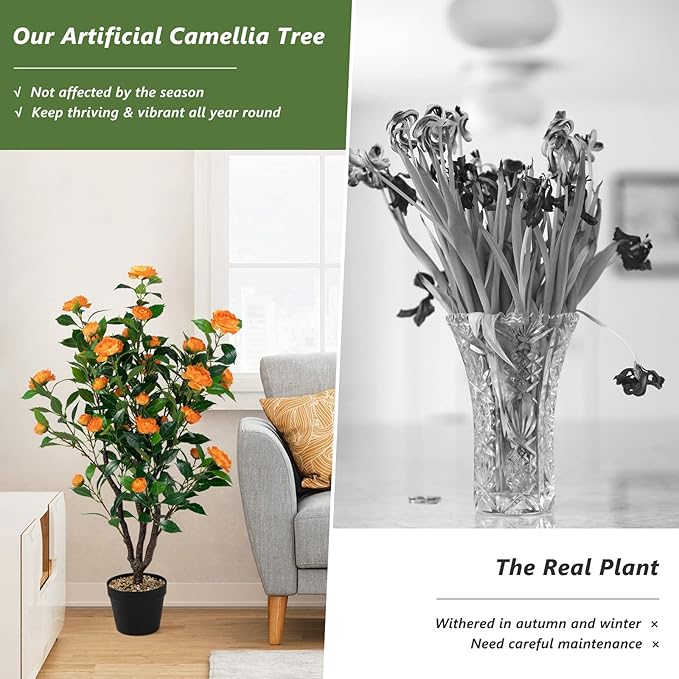 Goplus 40” Artificial Camellia Tree, 2 Pack Flower Plants Artificial Tree, Faux Floral Plant Blooming Tree in Cement Pot, Greenery Potted Plant for Indoor Outdoor Office Home Porch Decor