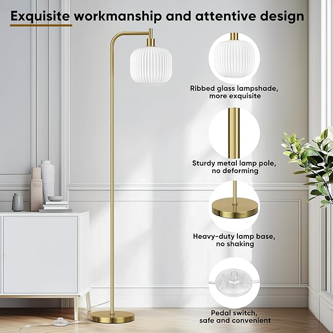 QiMH Glass Floor Lamp for Living Room, 67” Modern Standing Lamp with Cream Ribbed Glass Lampshade Pedal Switch Tall Lamp for Bedroom, Brushed Gold (2700K LED Bulb Included)