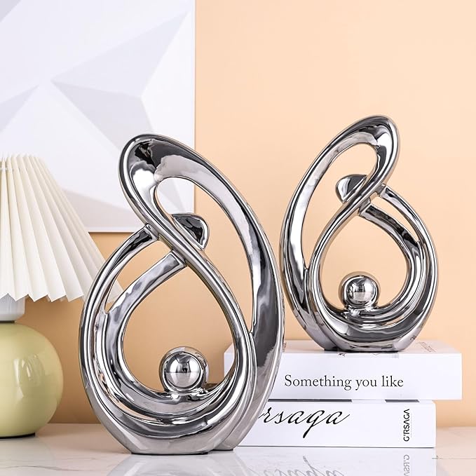 XMGZQ Home Decor Accent,Porcelain Art Mid Century Bookshelf Decorations,Gold Centerpieces for Tables,Abstract Ceramic Statue Sculpture for Coffee Table Mantel Tv Stand Centerpieces (Silver, Large)