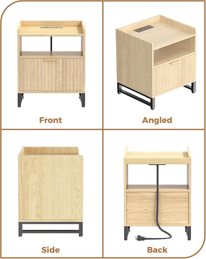 Fluted Night Stand with Charging Station, Wood Nightstand with Large Drawer and Open Storage Cabinet, Mid-Century Modern Bedside Table End Table for Bedroom Closet Office