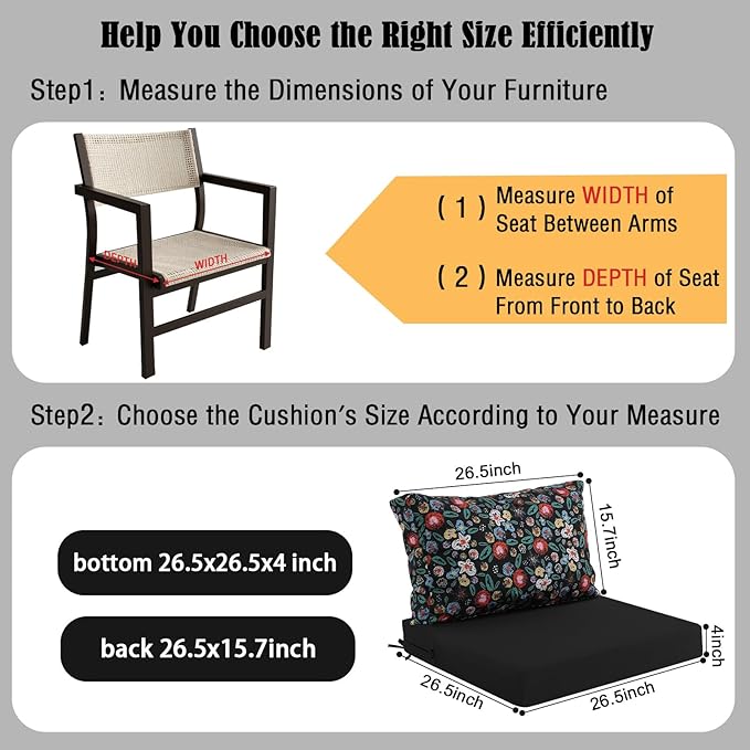 idee-home Outdoor Cushions for Patio Furniture, Outdoor Seat Cushion, Waterproof Hampton Bay Deep Seat Replacement Couch Chair Cushions for Garden Lawn Backyard Deck, 26.5 x 26.5 Floral Pattern